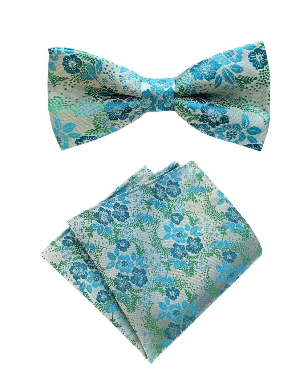 1912 Turquoise Cyan Blue Green Pre-Tied Bow Tie Towel Set Floral Woven Silk
